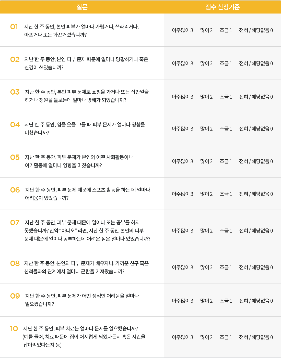 DLQI테스트 문항 10개 